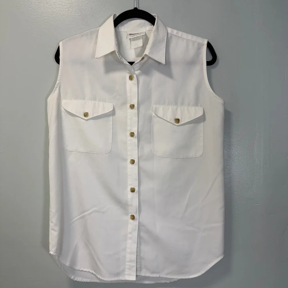 Darlyn Designs Vintage White Sleeveless Button Up Blouse‎ Pocket Shirt Small